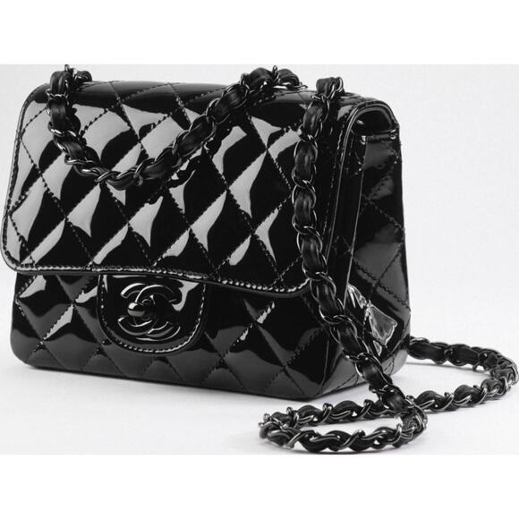 Chanel 21B So Black Patent Flap Mini Square CC Logo Quilted Chain Crossbody Bag - Picture 3 of 12